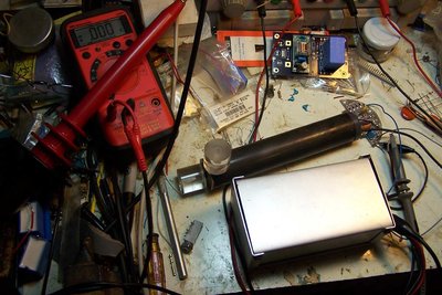Bench setup, power supply (double RC filter with large C) in the bud box, running off bench supply.