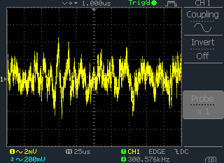 Floating input, output noise about 4 mv pk-pk.  Not too shabby.  (gain = 150)