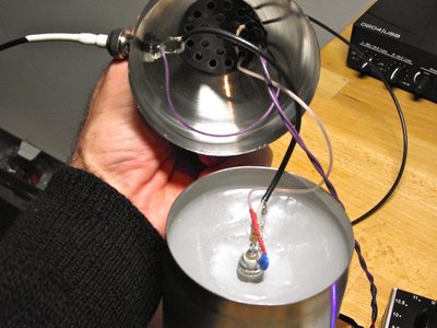He3 detector set in wax, with coupling capacitor (After the photo was taken, I scooped out some wax to fit a 9V battery)