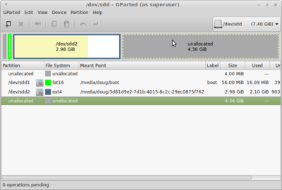Pre expansion of the last partition, which I may just do here instead of on the Pi, as raspi-config is one of those that doesn't fit on the LCD screen on the pi.