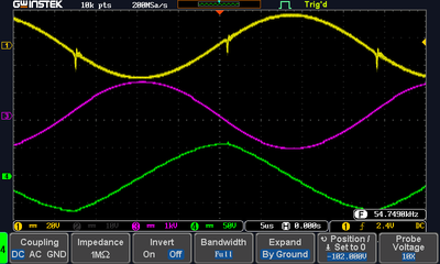 Yellow is drive, purple is HV probe, green is current via a 1k R to ground on the HV winding ground end.