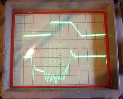 Scope trace - neutron counter upper trace, voltage on secondary grid, lower trace. Lower trace 10kv/div.