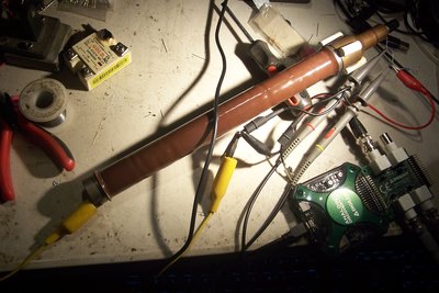 The test setup.  R held off the bench a little, but no go - the parasitic C is built in.