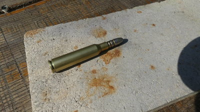 The round - cast bullet, reduced load, around 1700 fps 17 grains IMR 4227, 140gr cast bullet with gas check, lee liquid alox lube, 2,87 OAL "pretty deep in the lands".  Norma brass - lightest and softest brand I had in stock.