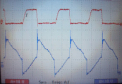 red = gate, blue = output (drain) @60KHz, with plasma load