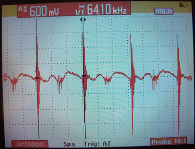 Capacitor rail under load, measured @ positive rail and scope gnd to negative rail